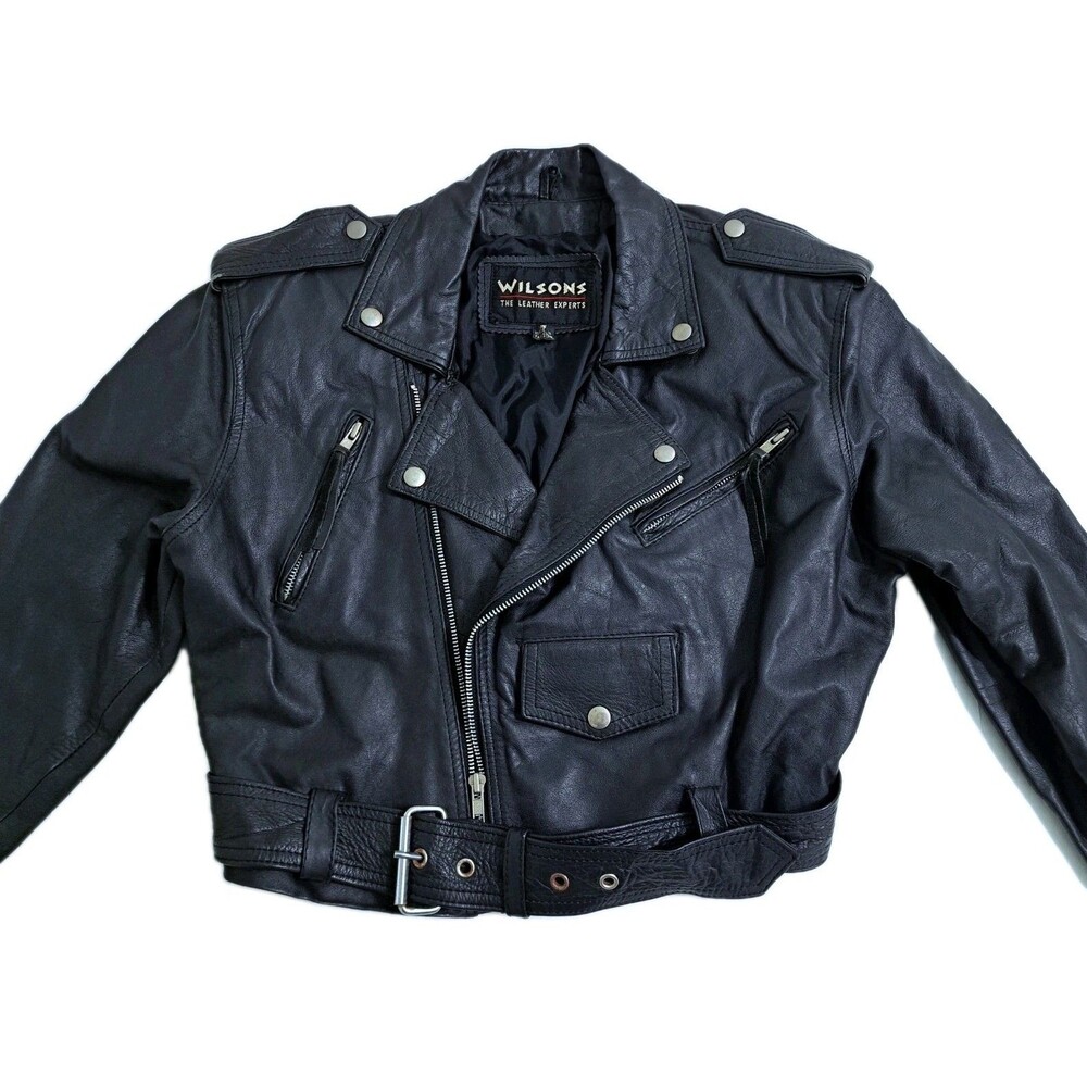 Vintage 90s Wilsons Leather Moto Jacket Black Cropped Belted Zip Front Small